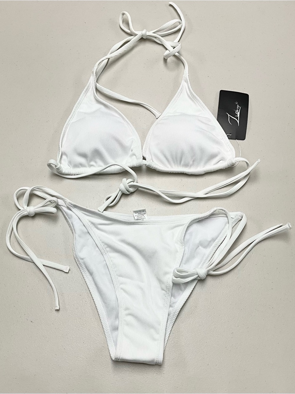 White Tie-Back Ribbed Triangle Bikini Set - Unbranded